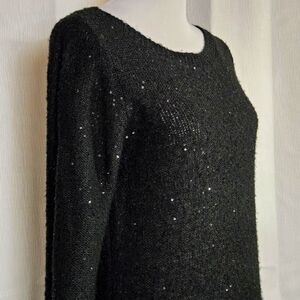 Anne Klein Knit Black Bouclé Sequin Sparkle Long Sleeve Scoop Neck Sweater Dress
